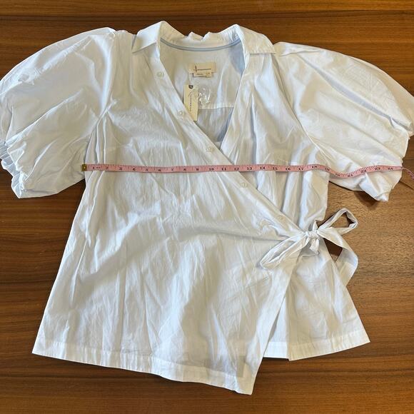 By Anthropologie Plus Size White Puffed Sleeve Wrap Top, Quiet Luxury, 1X NWT - Picture 5 of 7